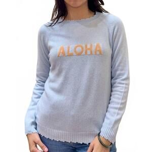 NEW COLORI custom frayed crew "aloha" sweater in cielo/apricot